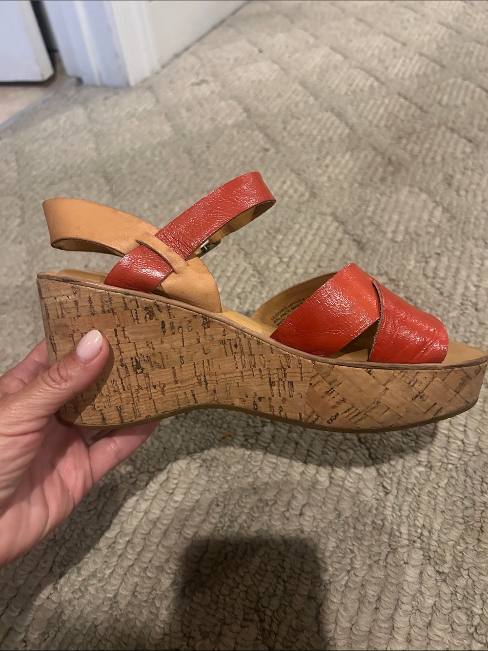 Kork-Ease Women's Red Leather Cork Wedge Sandals - Picture 10 of 13